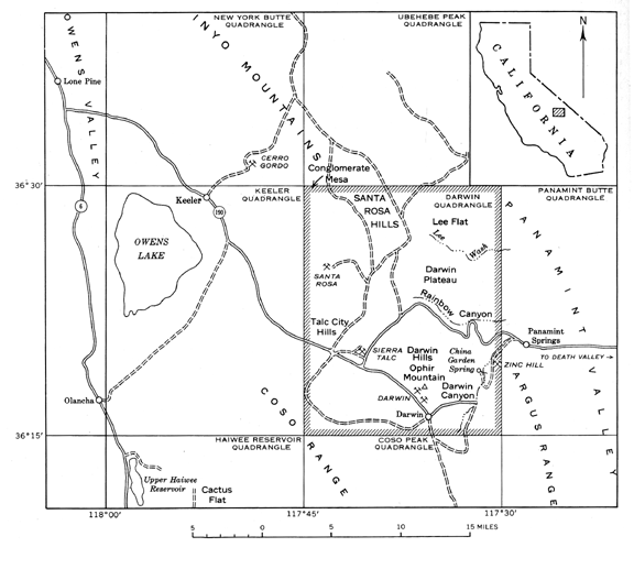 Map of Owens Valley showing location of Darwin, California.